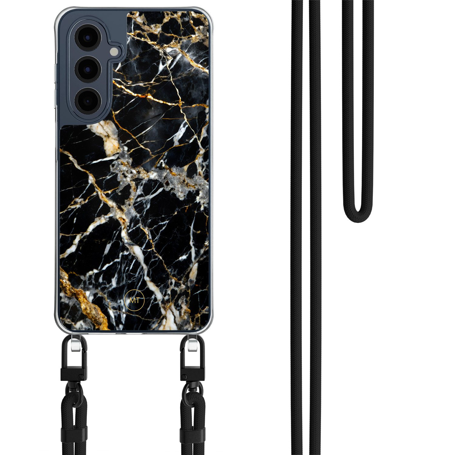 Mooie Telefoonhoesjes Samsung Galaxy A16 hoesje met zwart koord - Black marble elegance