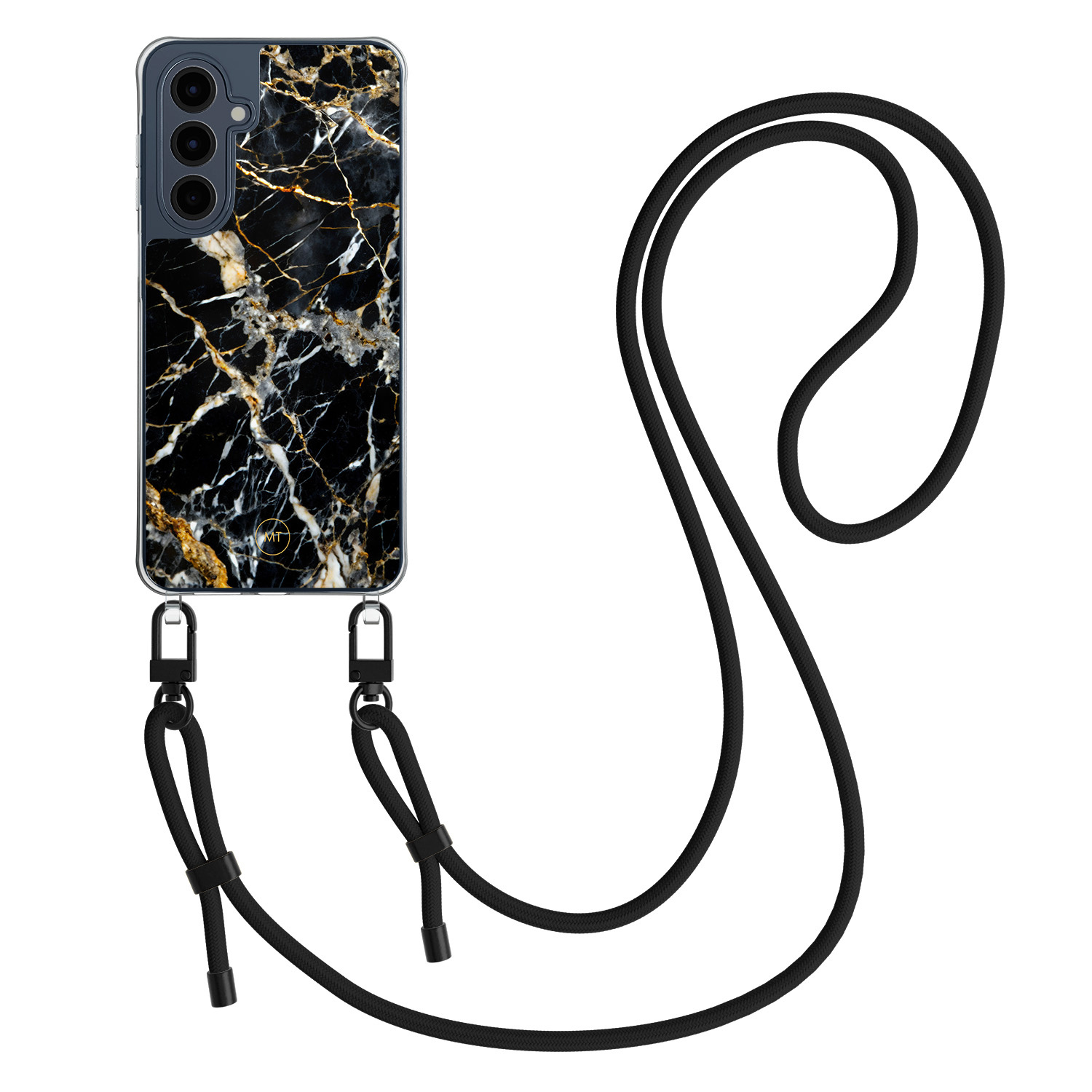 Mooie Telefoonhoesjes Samsung Galaxy A16 hoesje met zwart koord - Black marble elegance