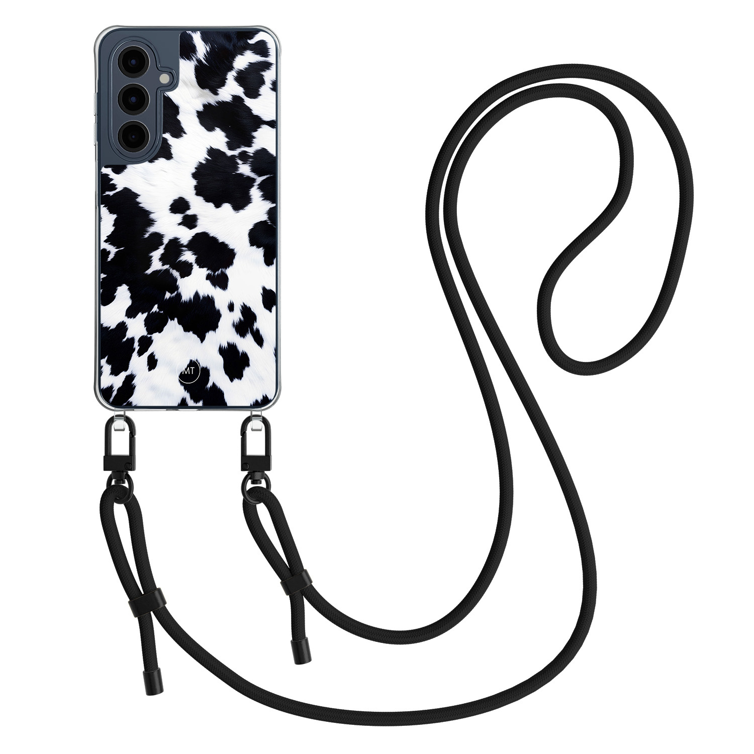 Mooie Telefoonhoesjes Samsung Galaxy A16 hoesje met zwart koord - Koeienprint