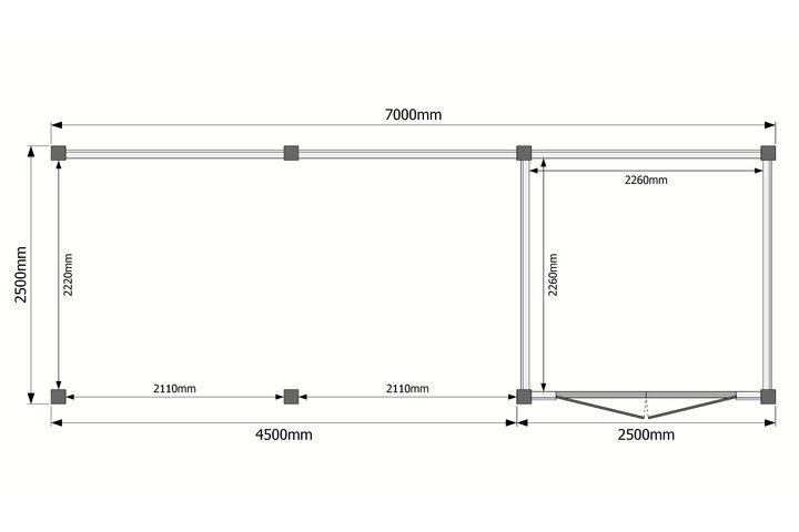 Tuinhuis met veranda plat dak 250 x 250 + 450cm