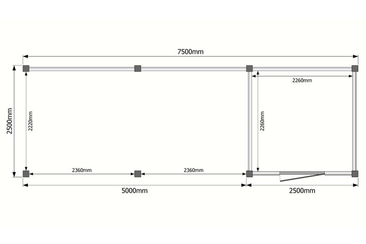 Tuinhuis met veranda plat dak 250 x 250 + 500cm