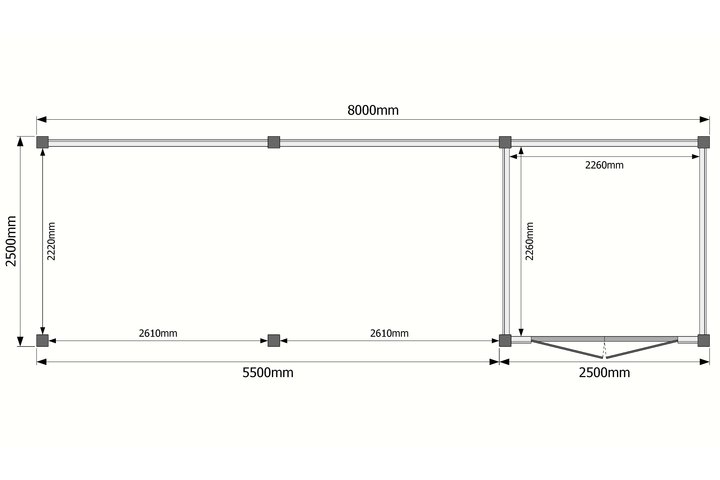 Tuinhuis met veranda plat dak 250 x 250 + 550cm Tuinhuis met veranda plat dak 250 x 250 + 550cm