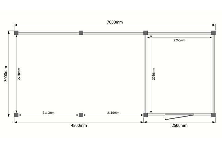 Tuinhuis met veranda plat dak 250 x 300 + 450cm