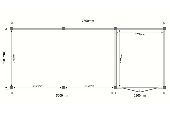 Tuinhuis met veranda plat dak 250 x 300 + 500cm