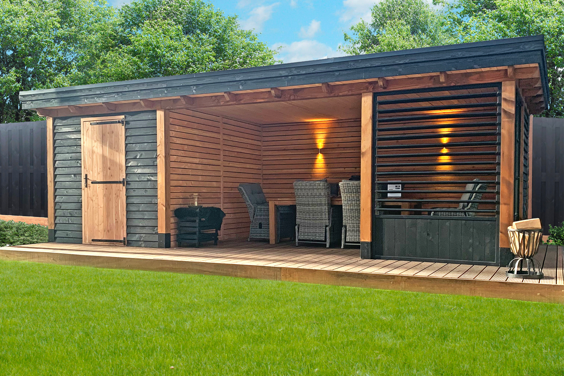 Booth hoop voorspelling Tuinhuis met veranda plat dak 250 x 300 + 550cm | Enkele deur - Moduhout.nl