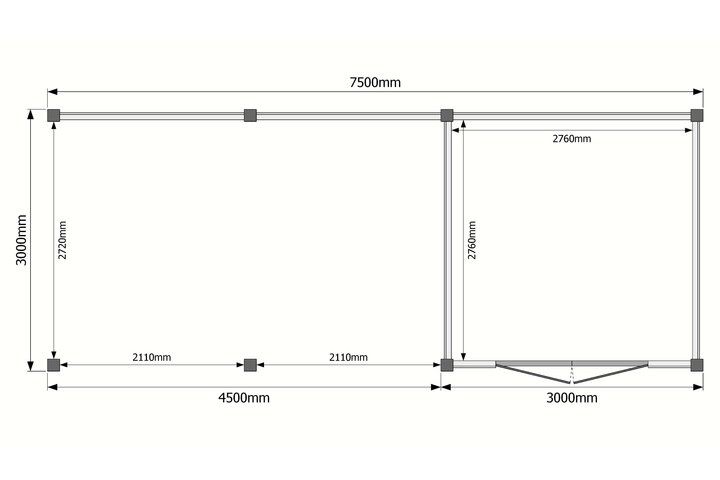 Tuinhuis met veranda plat dak 300 x 300 + 450cm Tuinhuis met veranda plat dak 300 x 300 + 450cm