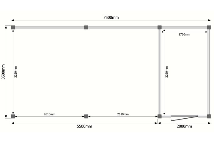 Tuinhuis met veranda plat dak 200 x 350 +550cm