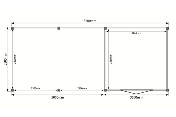 Tuinhuis met veranda plat dak 350 x 350 + 500cm