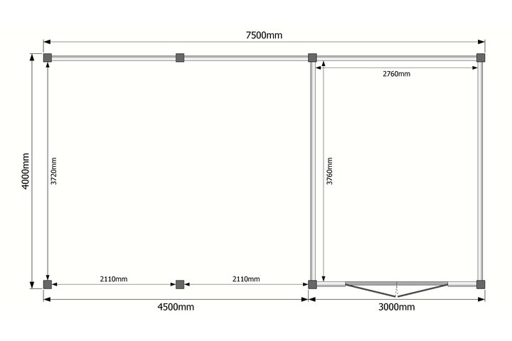 Tuinhuis met veranda plat dak 300 x 400 + 450cm
