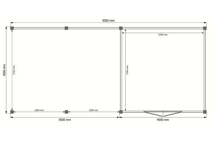 Tuinhuis met veranda plat dak 400 x 400 + 500cm