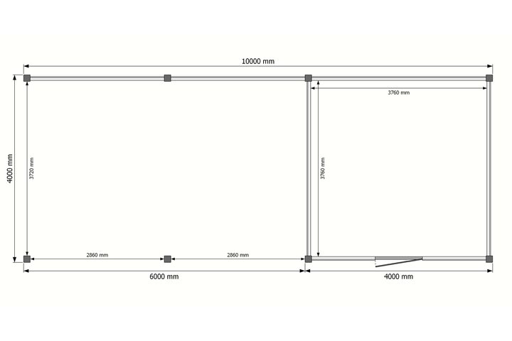 Tuinhuis met veranda plat dak 400 x 400 + 600cm