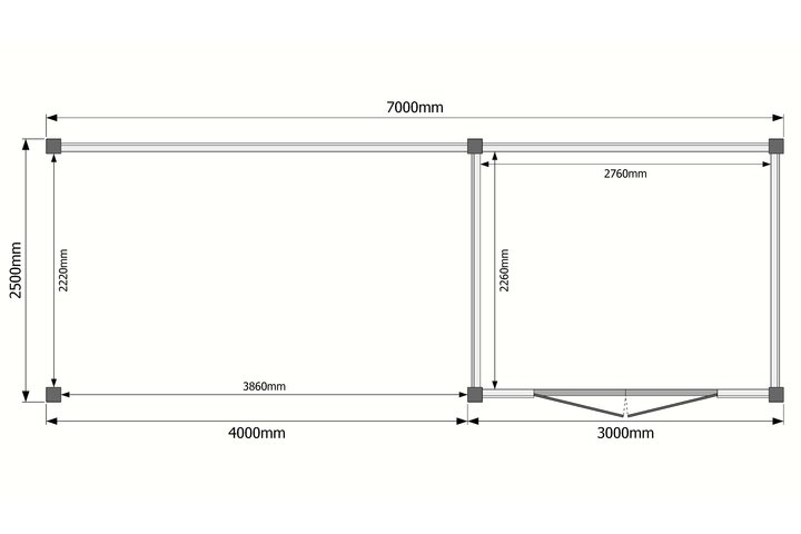 Tuinhuis met veranda plat dak 300 x 250 + 400cm