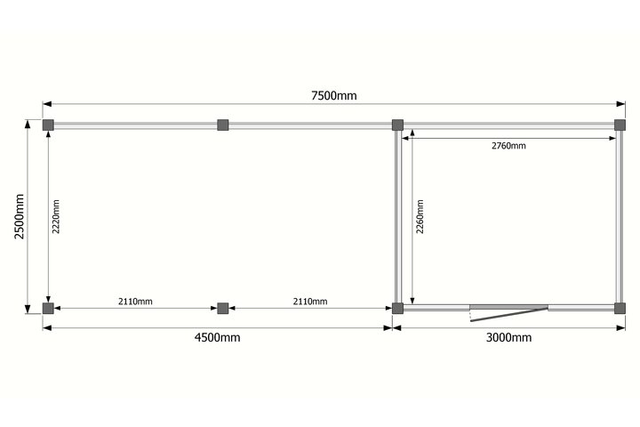 Tuinhuis met veranda plat dak 300 x 250 + 450cm Tuinhuis met veranda plat dak 300 x 250 + 450cm