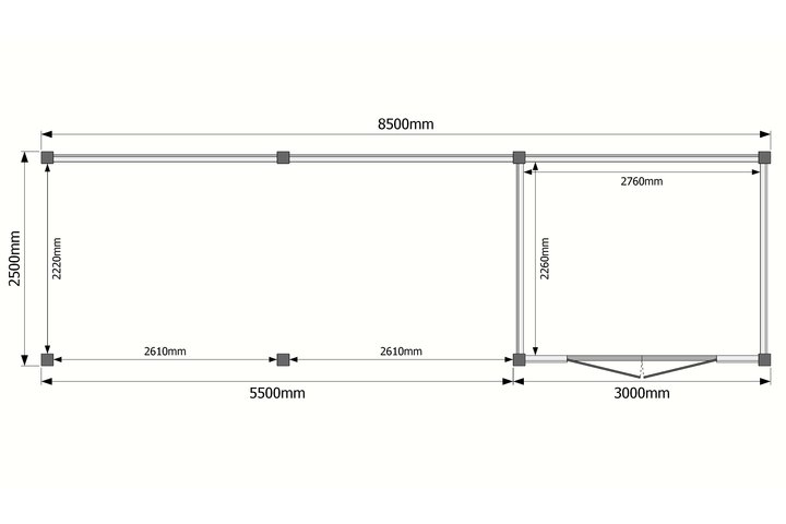 Tuinhuis met veranda plat dak 300 x 250 + 550cm Tuinhuis met veranda plat dak 300 x 250 + 550cm