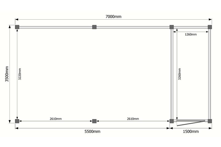 Tuinhuis met veranda plat dak 150 x 350 + 550cm