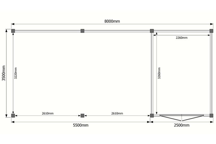 Tuinhuis met veranda plat dak 250 x 350 + 550cm