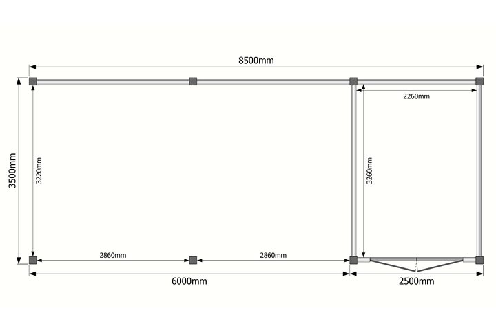Tuinhuis met veranda plat dak 250 x 350 + 600cm