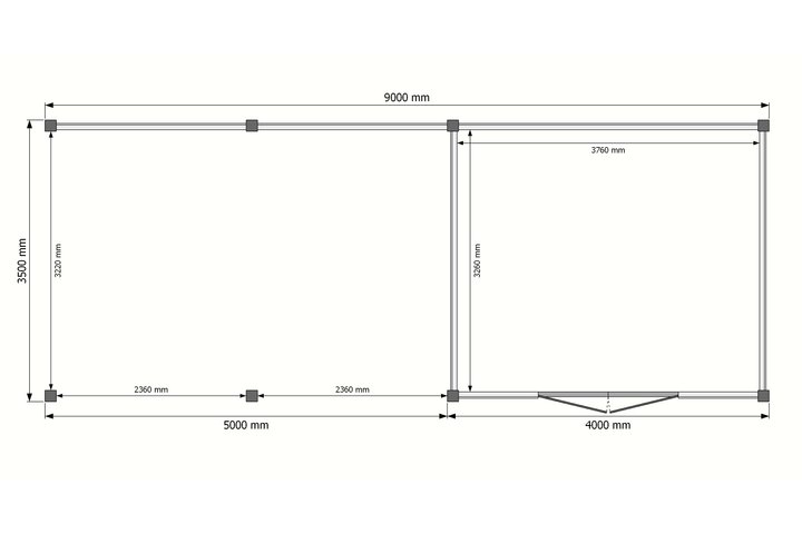Tuinhuis met veranda plat dak 400 x 350 + 500cm