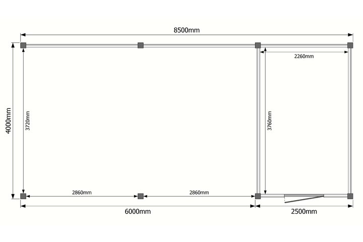 Tuinhuis met veranda plat dak 250 x 400 + 600cm