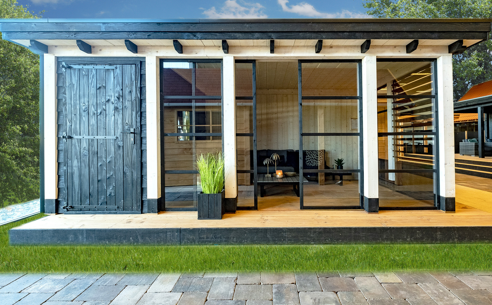 elke dag Weekendtas opslag Tuinhuis met veranda plat dak 150 x 300 + 400cm | Enkele deur - Moduhout.nl