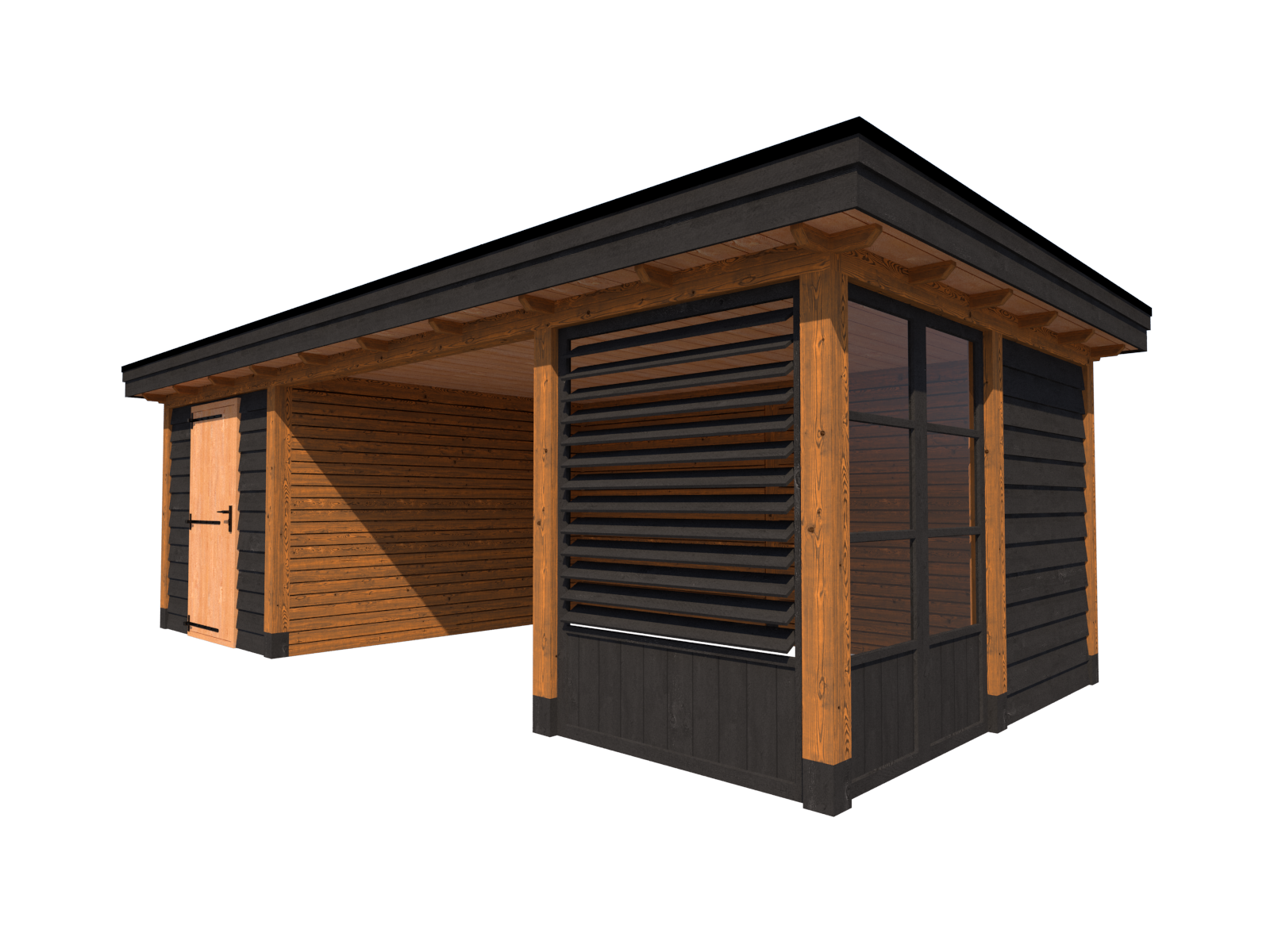 met veranda plat dak 250 x 350 + 500cm | Enkele deur - Moduhout.nl
