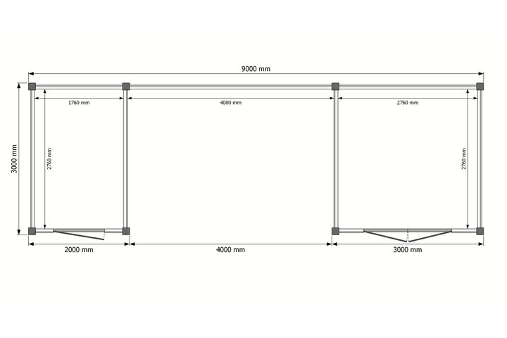 Tuinhuis duo met veranda plat dak 300 x 300 + 400 + 200 x 300cm Tuinhuis duo met veranda plat dak 300 x 300 + 400 + 200 x 300cm