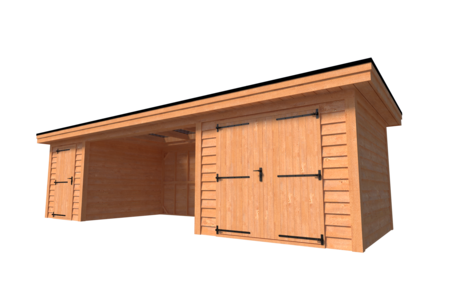 Tuinhuis duo met veranda plat dak 300 x 300 + 400 + 200 x 300cm met zonnepanelen