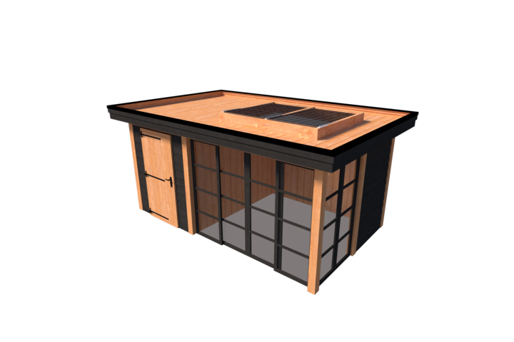 Tuinhuis met veranda plat dak 200 x 300 + 300cm met zonnepanelen Tuinhuis met veranda plat dak 200 x 300 + 300cm met zonnepanelen