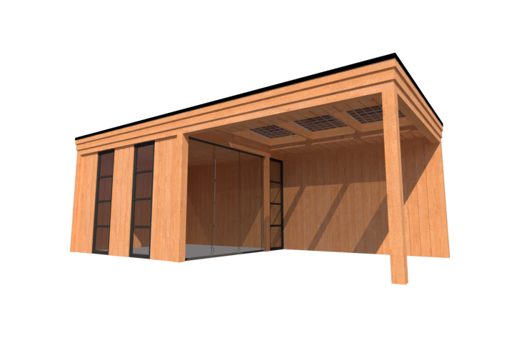 Buitenkamer met veranda plat dak 350 x 350 + 350cm met zonnepanelen Buitenkamer met veranda plat dak 350 x 350 + 350cm met zonnepanelen