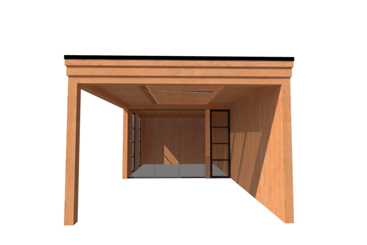Buitenkamer met veranda plat dak 350 x 350 + 350cm met zonnepanelen Buitenkamer met veranda plat dak 350 x 350 + 350cm met zonnepanelen