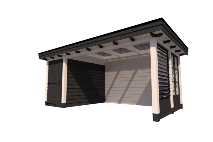 Tuinhuis met veranda plat dak 150 x 300 + 400cm met zonnepanelen