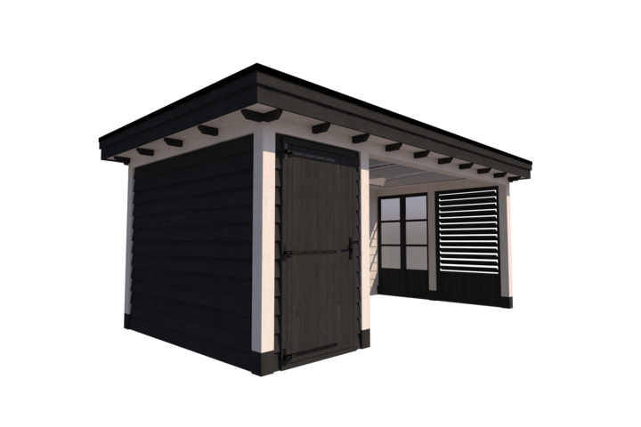 Tuinhuis met veranda plat dak 150 x 300 + 400cm met zonnepanelen