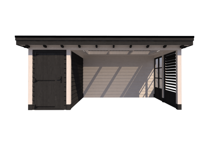 Tuinhuis met veranda plat dak 150 x 300 + 400cm met zonnepanelen