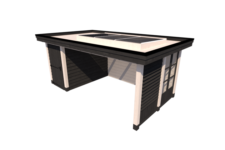 Tuinhuis met veranda plat dak 150 x 300 + 400cm met zonnepanelen