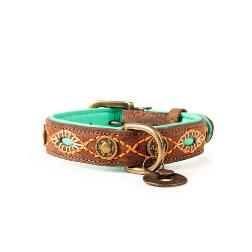 Tough leather dog collar brown with turquoise - Dog with a Mission