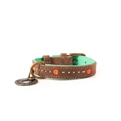 Stoere leren hondenhalsband bruin met turquoise - Dog with a Mission