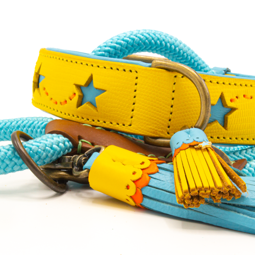 Leder Blue Star Hundehalsband Gelb Blau - Dog with a Mission