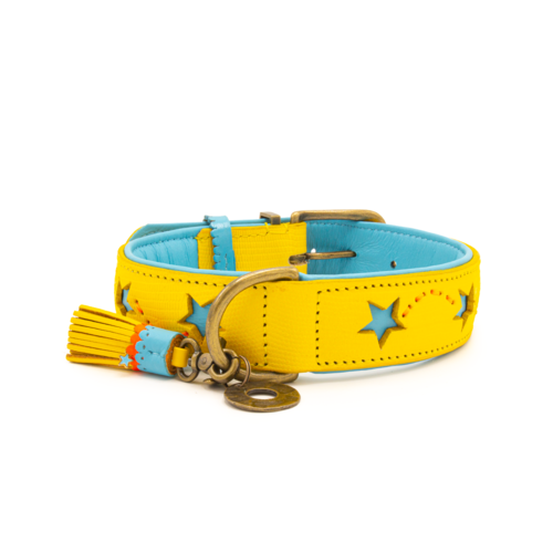 Leder Blue Star Hundehalsband Gelb Blau - Dog with a Mission