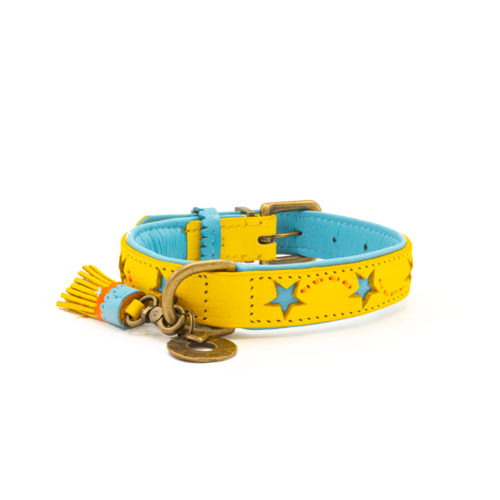 Collier pour chien en cuir bleu étoilé jaune bleu - Dog with a Mission