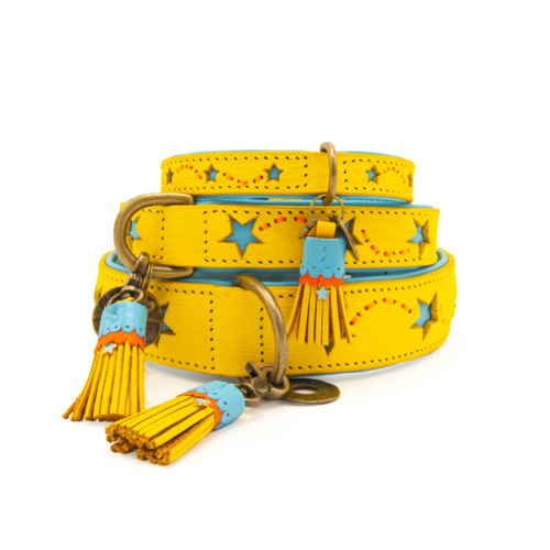 Collier pour chien en cuir bleu étoilé jaune bleu - Dog with a Mission