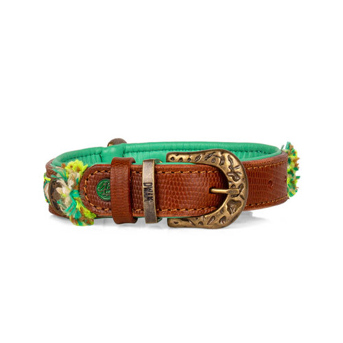 "Ranger" Boho-Chic Hondenhalsband: Felgeel met Groene & Bruine Accenten