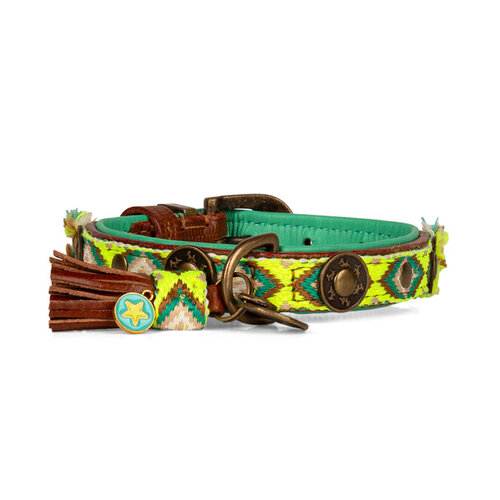 "Ranger" Boho-Chic Dog Collar: Bright Yellow with Green & Brown Accents