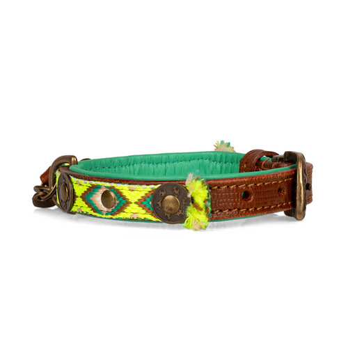 "Ranger" Boho-Chic Hondenhalsband: Felgeel met Groene & Bruine Accenten