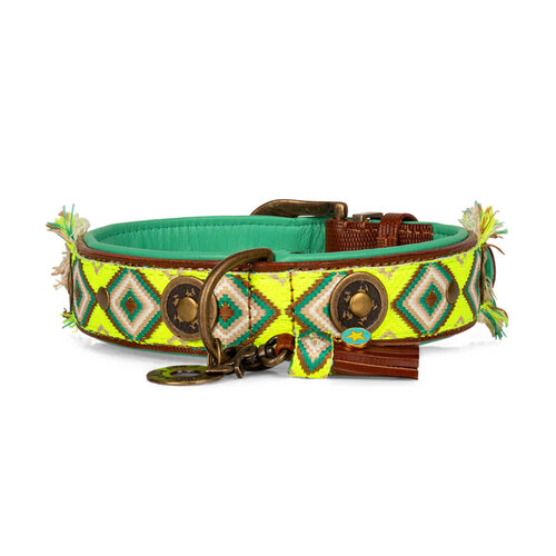 "Ranger" Boho-Chic Dog Collar: Bright Yellow with Green & Brown Accents