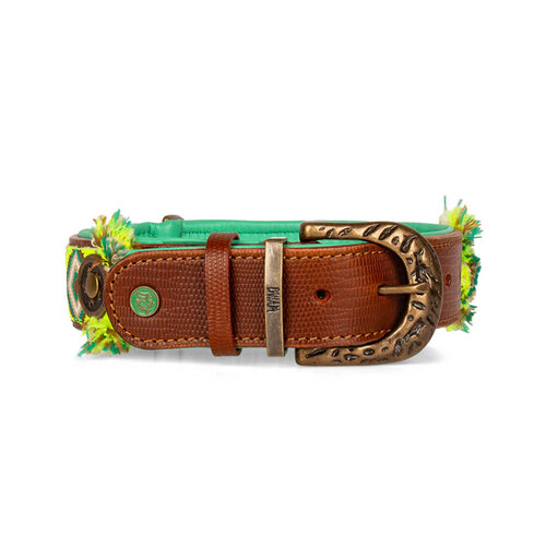 "Ranger" Boho-Chic Dog Collar: Bright Yellow with Green & Brown Accents