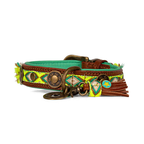 "Ranger" Boho-Chic Dog Collar: Bright Yellow with Green & Brown Accents