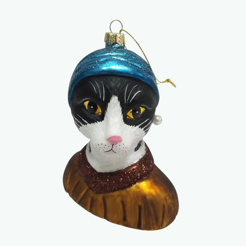 TUXEDO KITTY CAT WITH A PEARL EARRING ORNAMENT TUXEDO KITTY CAT WITH A PEARL EARRING ORNAMENT