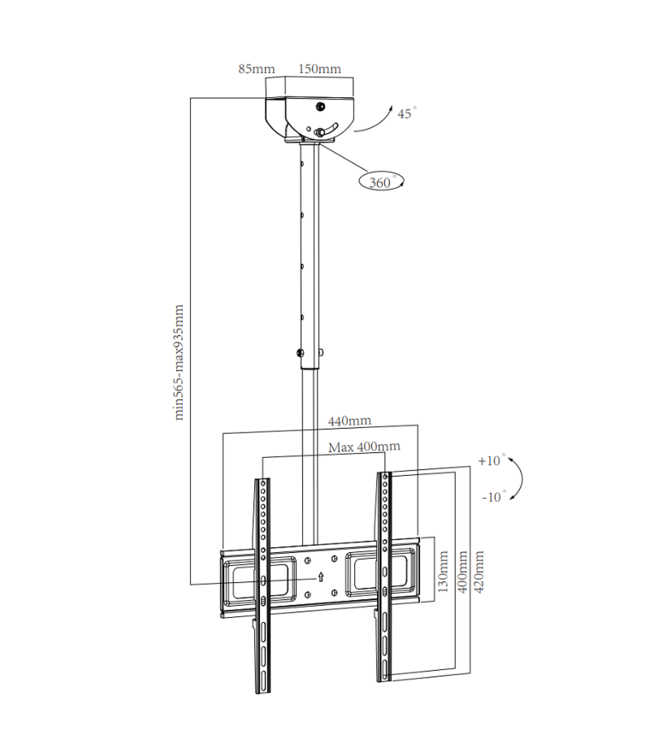 XTRARM Avis 56.5 - 93.5 cm TV Ceiling Mount Black