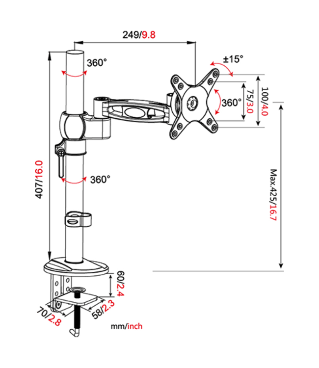 DQ Wall-Support D12 Monitorarm Zwart