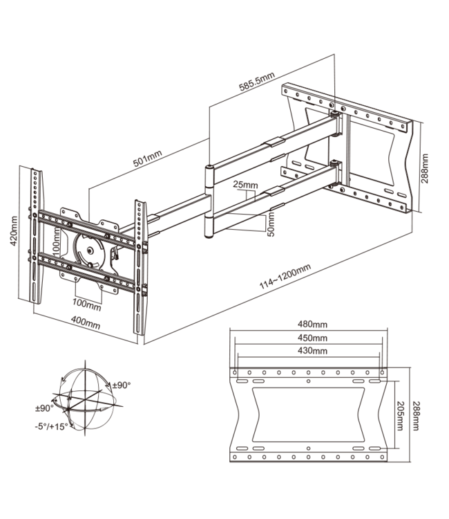 XTRARM 2e Kansje Ferrom 120 cm Rotate 400 TV beugel zwart